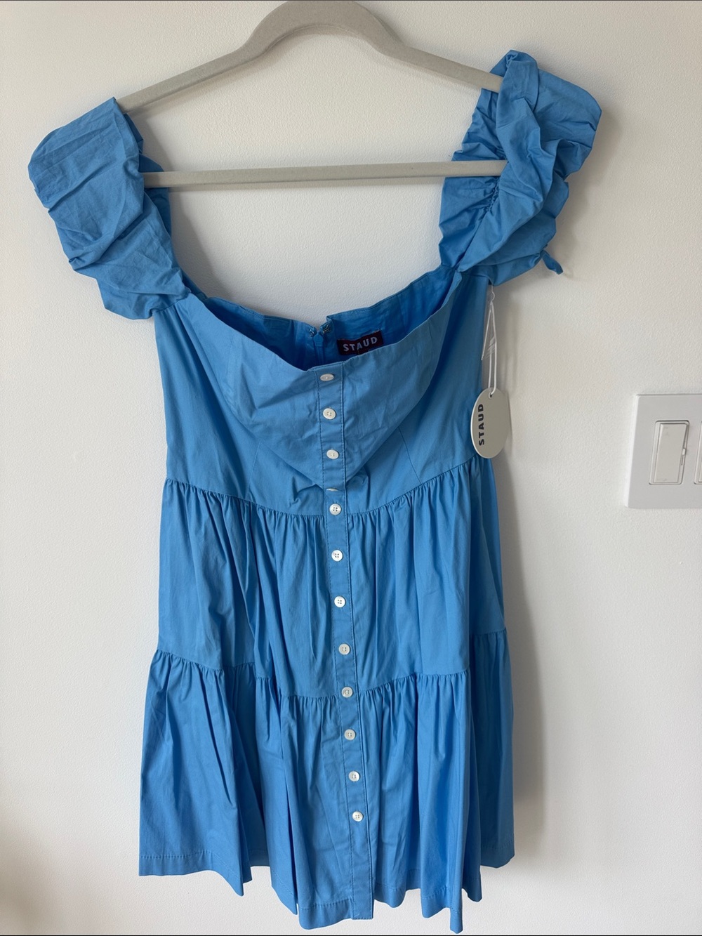 STAUD Blue Ruffle Strap Mini Dress